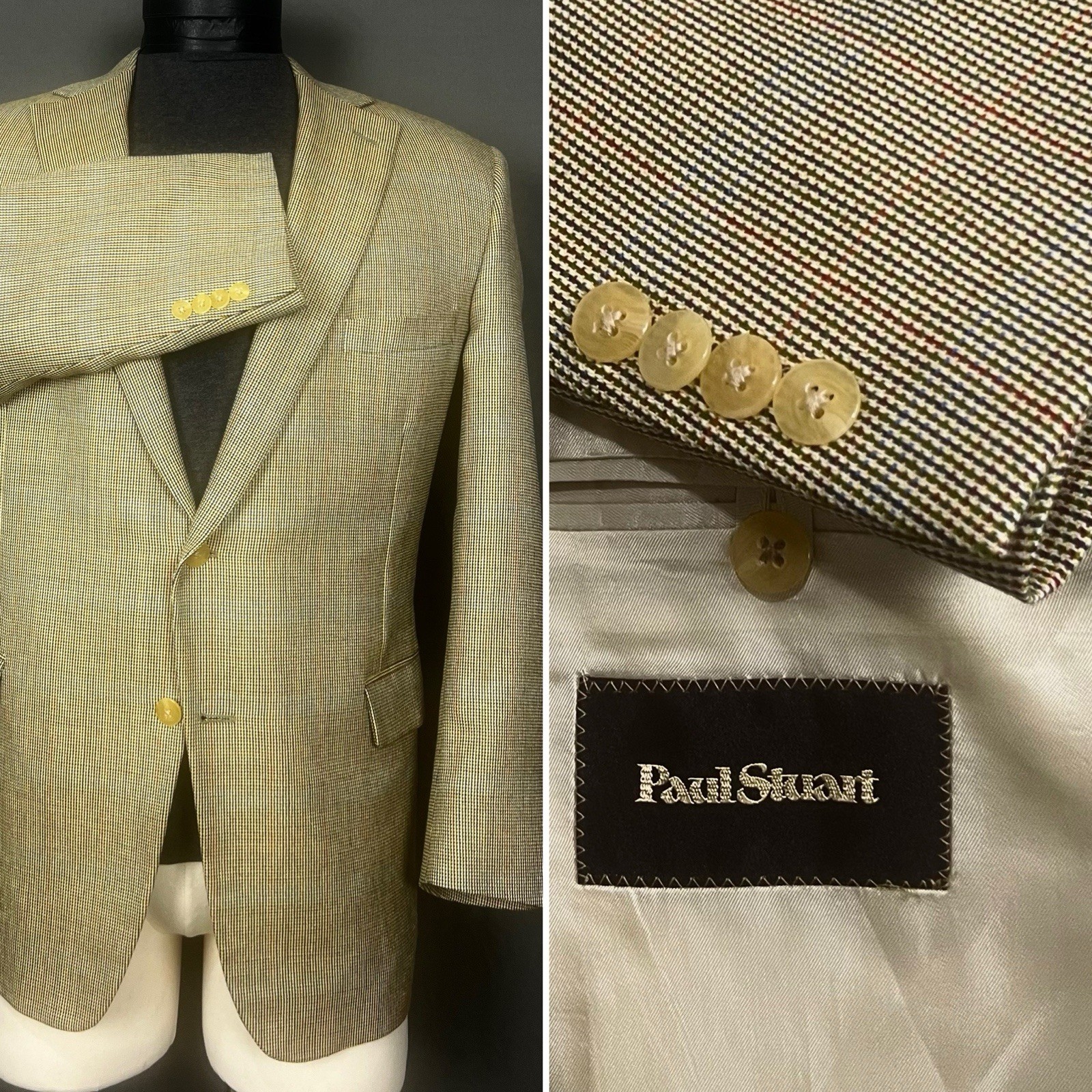 Paul Stuart Samuelsohn Wool Silk Weave Golden Beige Plaid Blazer Sport Coat 46L