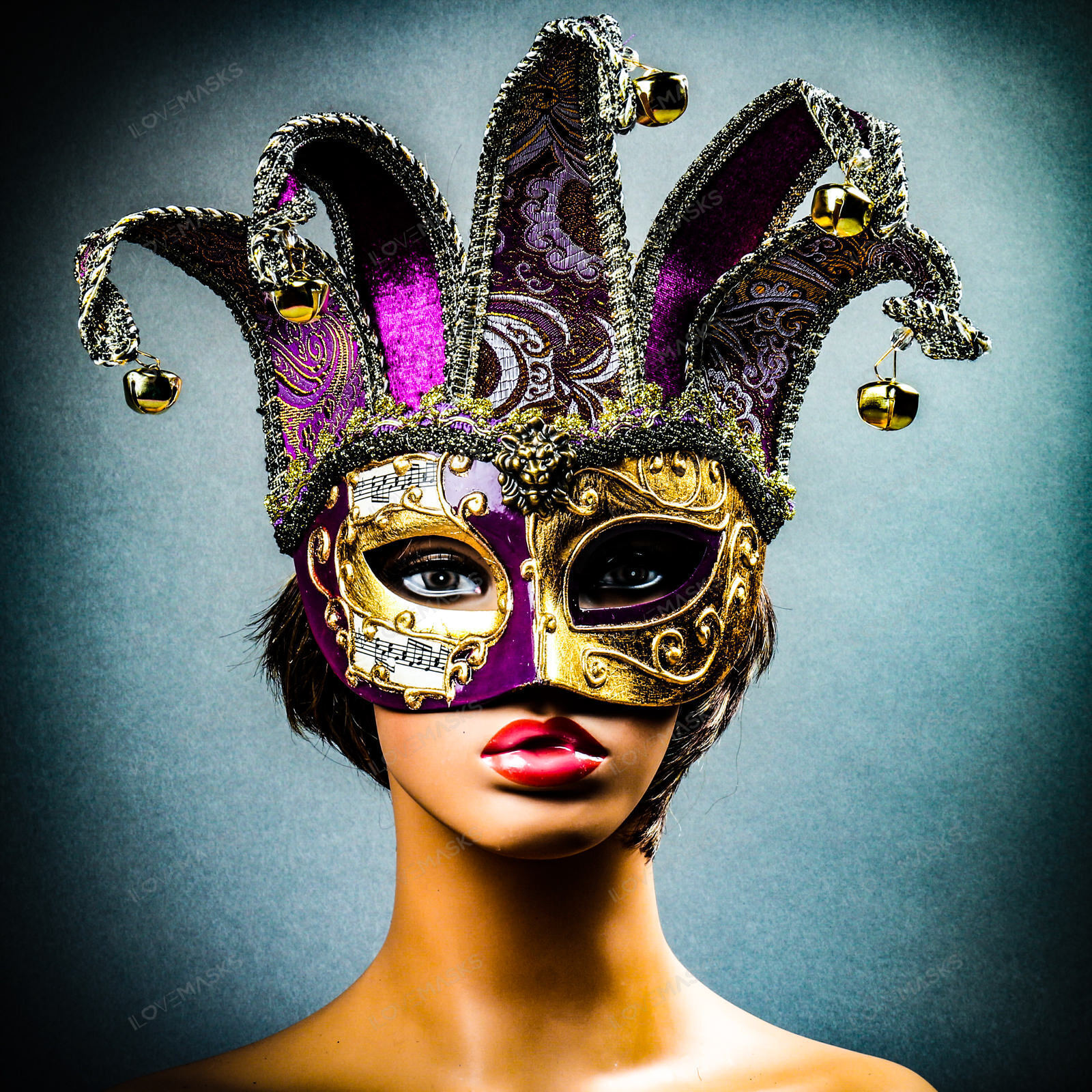 Jester Joker Venetian Musical Eye Mask with Bells Gold Purple Halloween Eye Mask