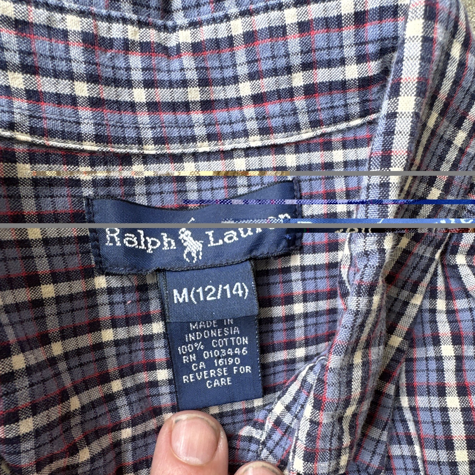 Ralph Lauren Boys M (12/14) Blue Red White Plaid Cotton Logo Button-Down 2pk