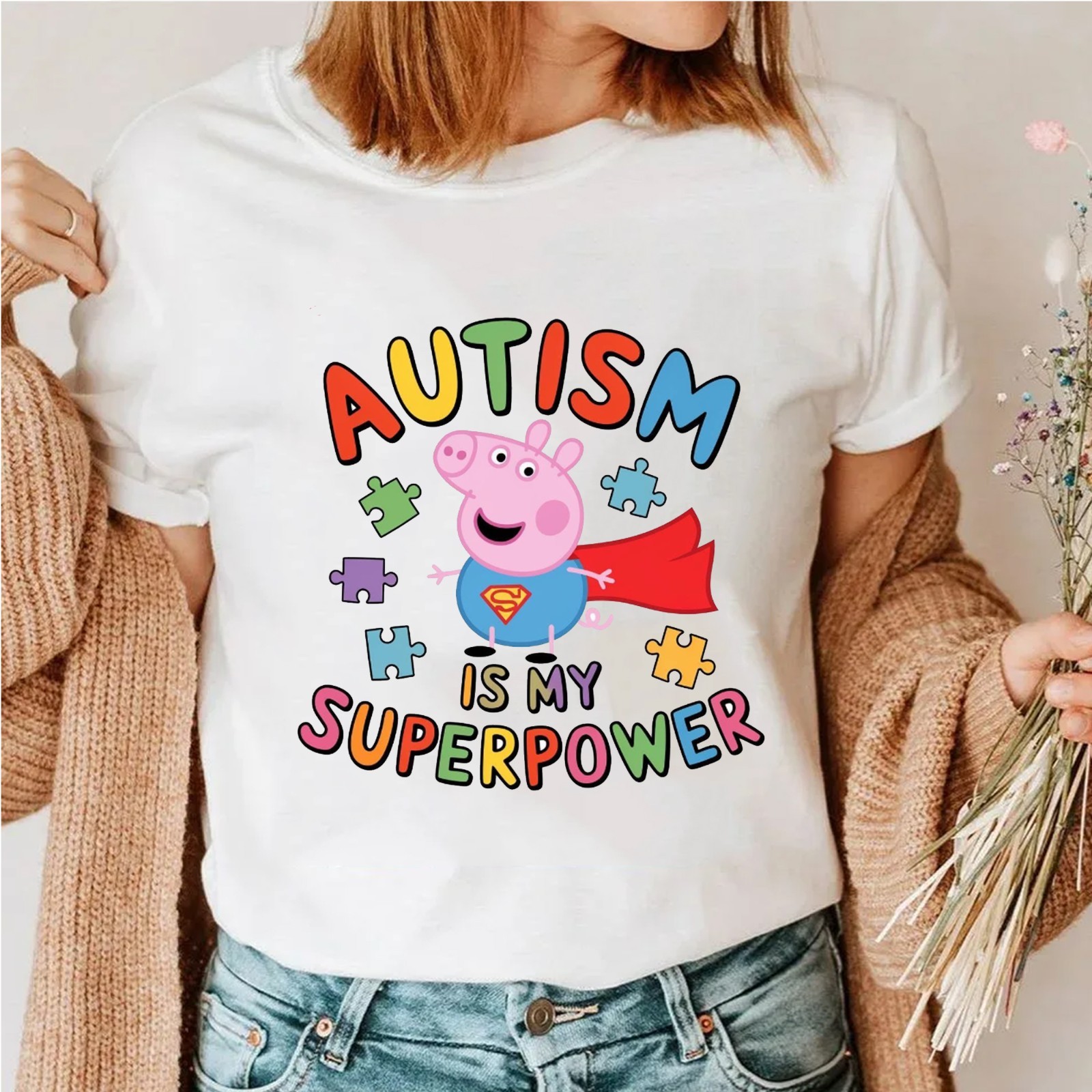 Cute Peppa Pig Autism is My Superpower Tee, Autism Awareness Month T-shirt