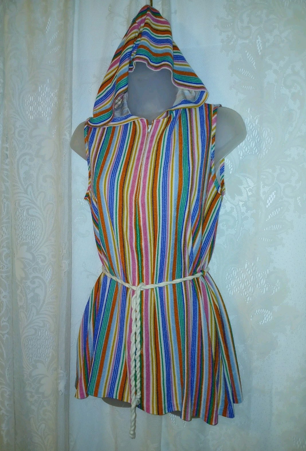 Vintage 70s Terry Cloth Rainbow Stripes Hooded Swim Cover-up Robe Tex M EUC