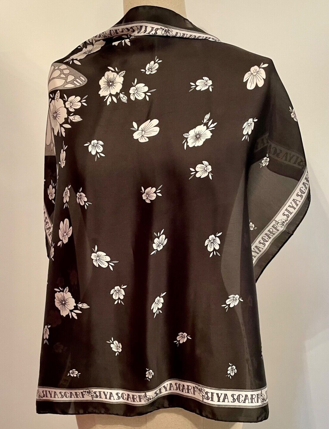 Siya Brand- Black Scarf Wrap with White Flowers Butterfly Love Siya Border