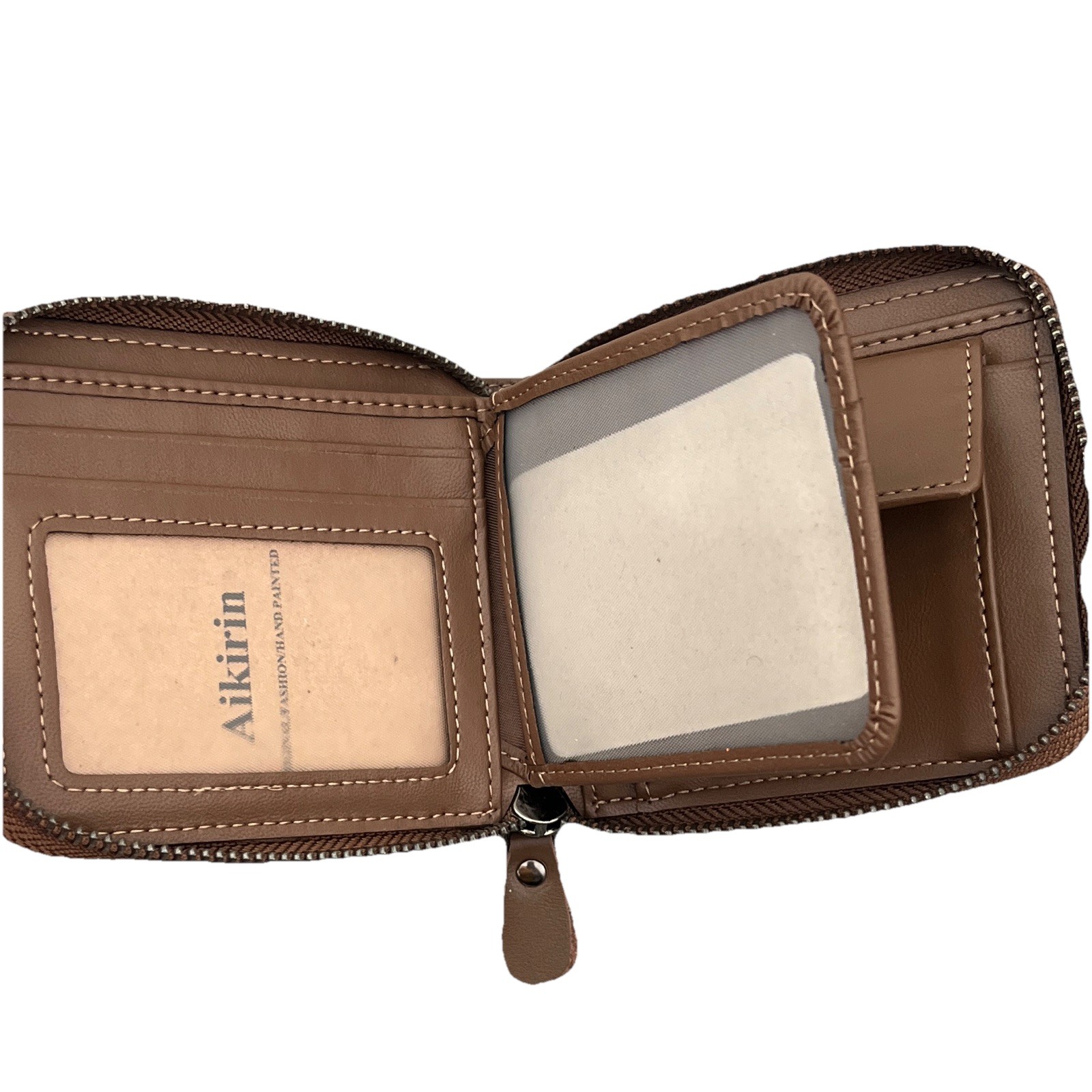 Aikirin Brown Zip-Around Bifold Wallet w/ ID Window & Credit Card Slots