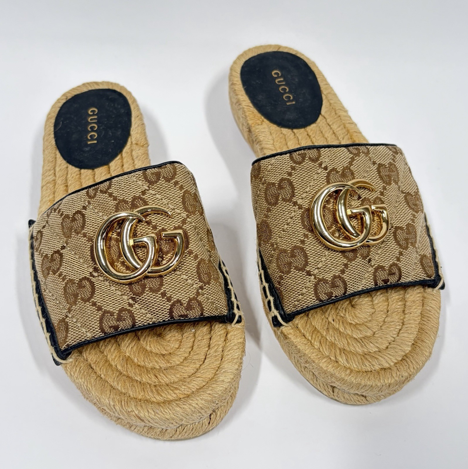 Gucci GG Matelasse Espadrille Slide Sandal Beige Ebony Womens 34.5 / US 4.5
