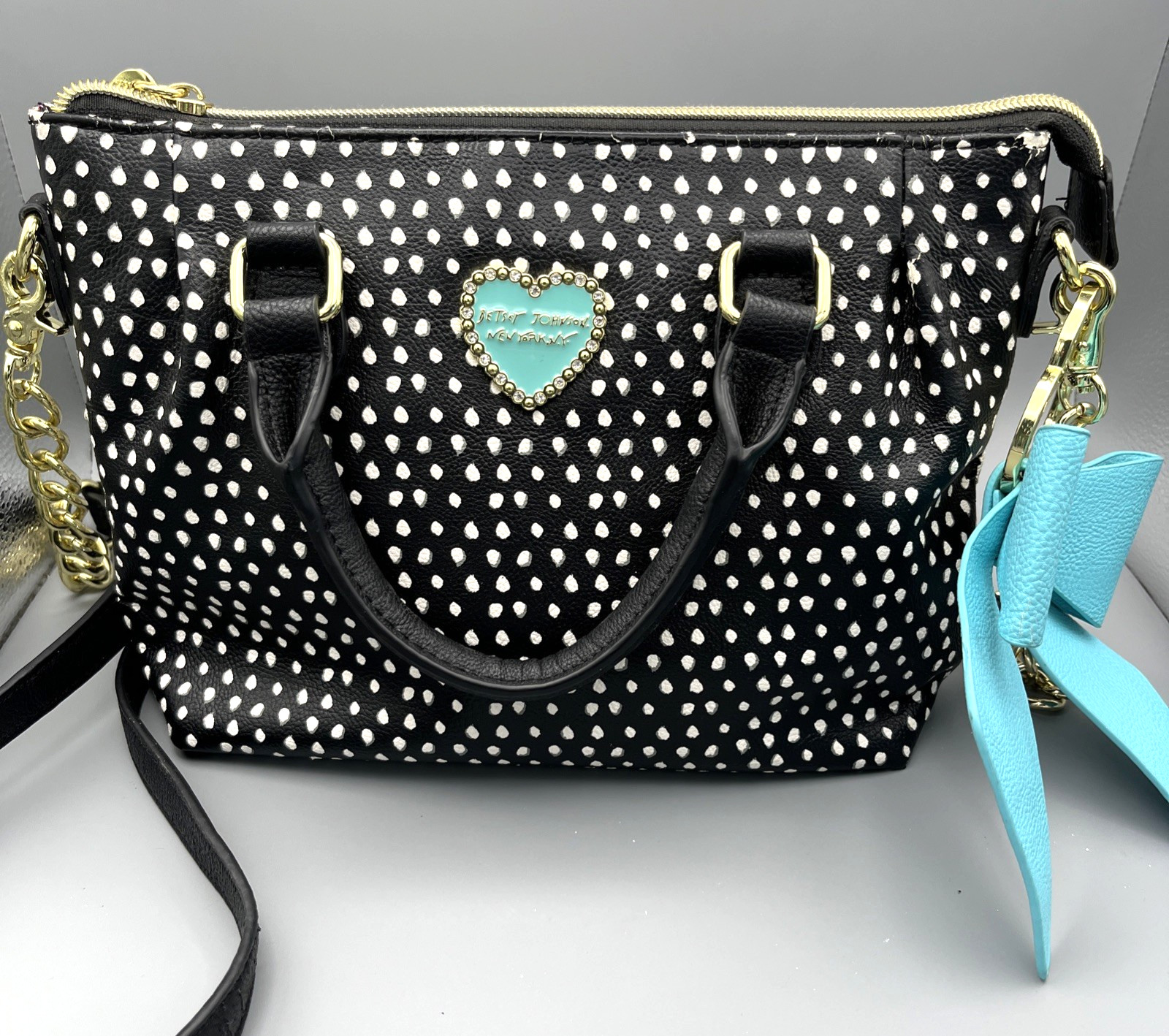 Betsey Johnson Polka Dot Shoulder Bag Purse Black & White Turquoise Bow Charm