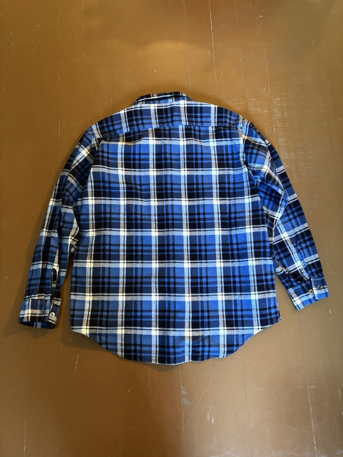 60s Sears Pilgrim Plaid Print Flannel Shirt 1960s Cotton Mens Large Blue