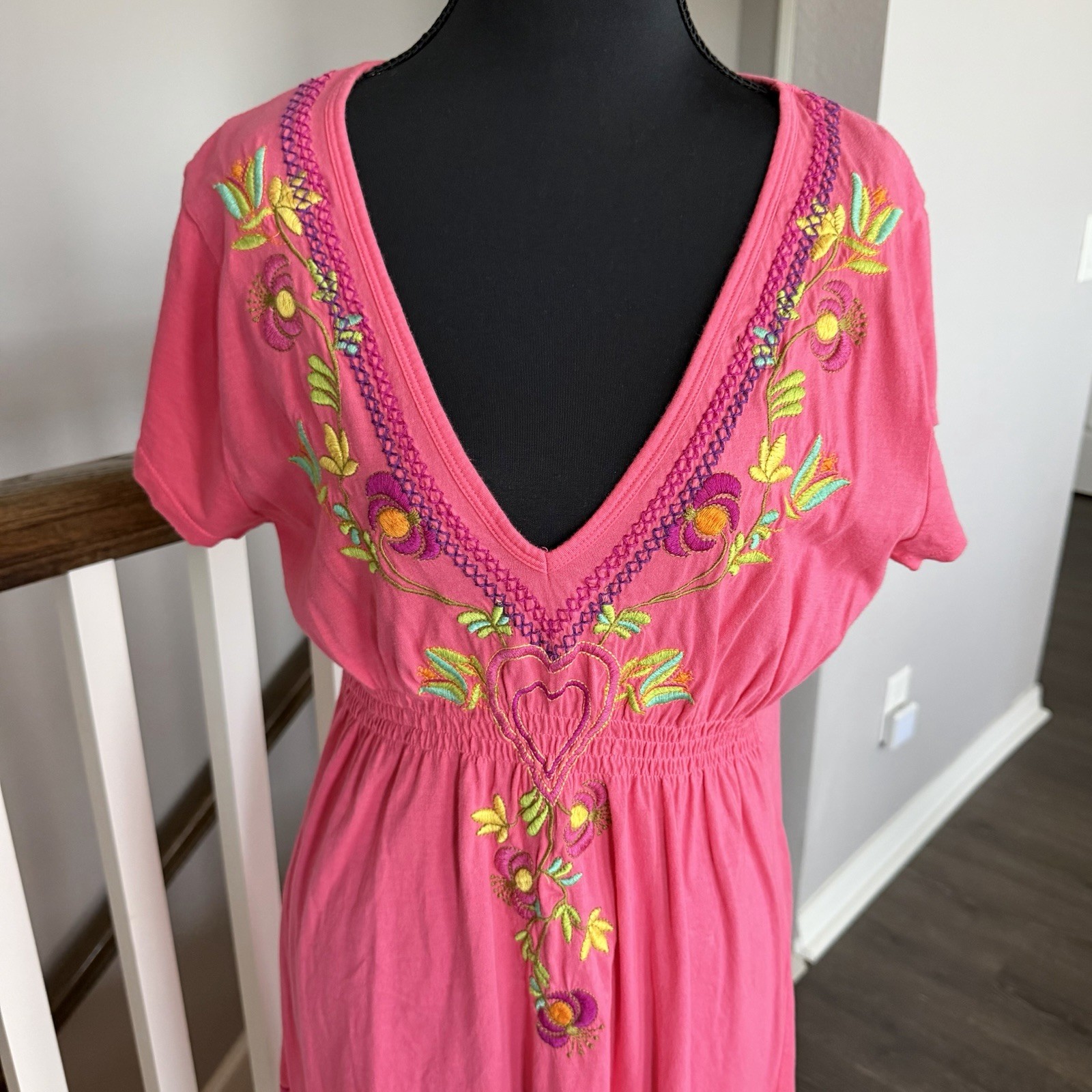 Johnny Was JWLA Dress Pink Embroidered Butterfly Floral Boho Fairy Retro Sz XL