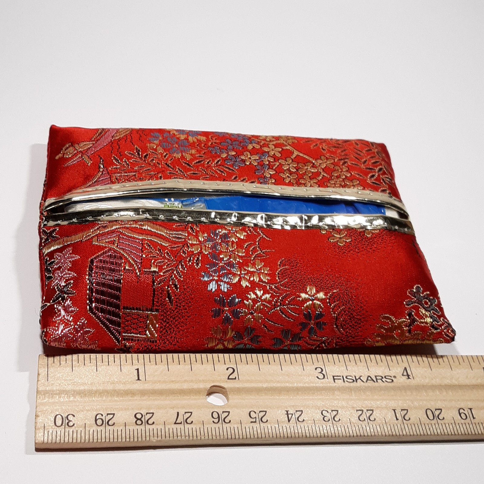 VINTAGE COSMETIC PURSE ACCESSORY SET RED SILK ORIENTAL PRINT + Lipstick Holder