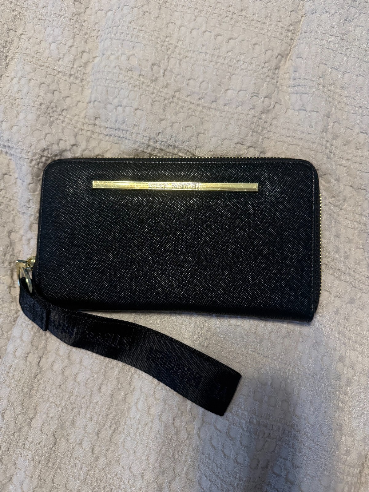 Steve Madden Black Zip Around Wallet with Wristlet Strap and Gold accents
