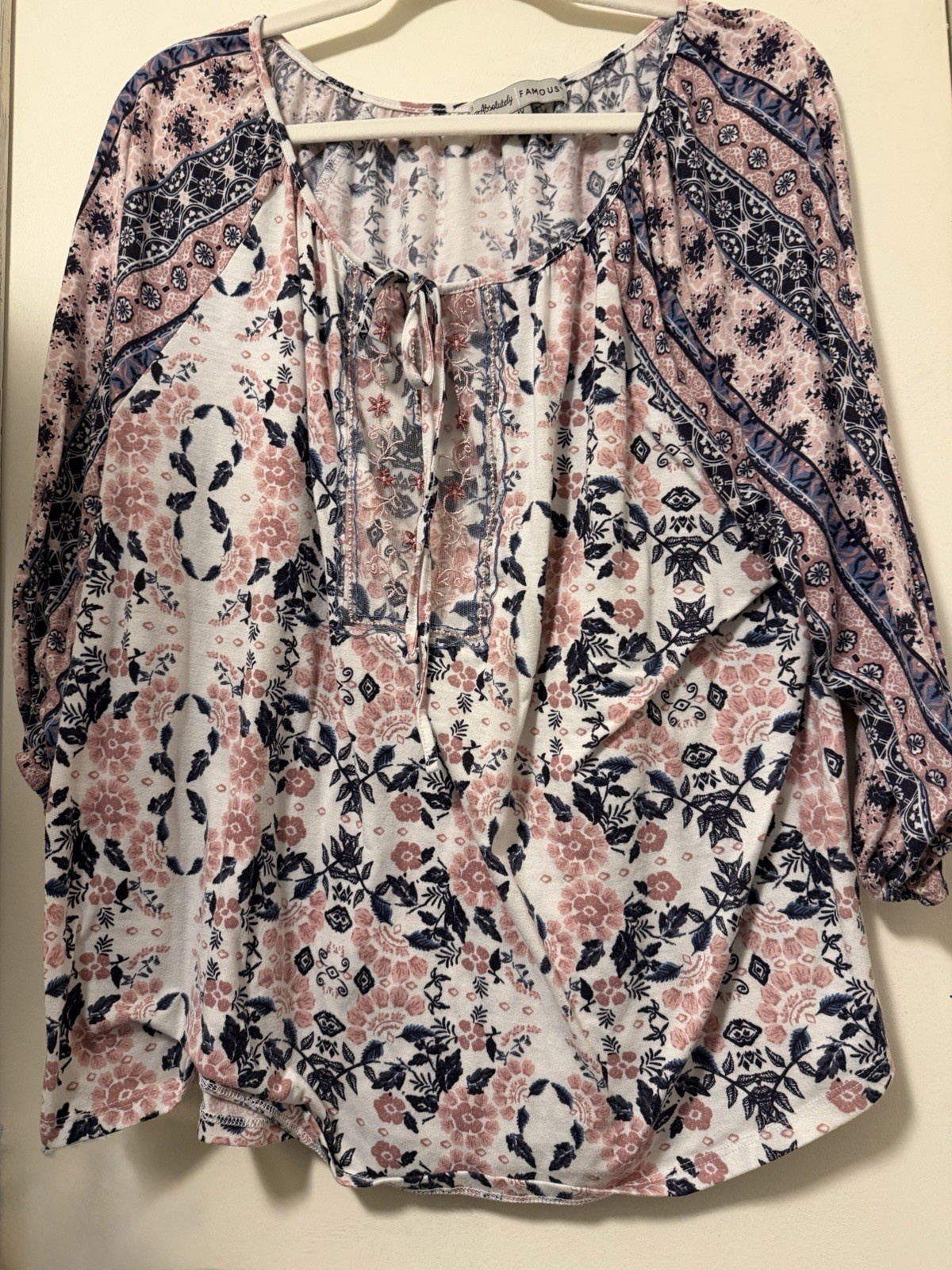 Absolutely Famous Women’s Plus 1X Floral Tie Neck 3/4 Sleeve Blouse Pink