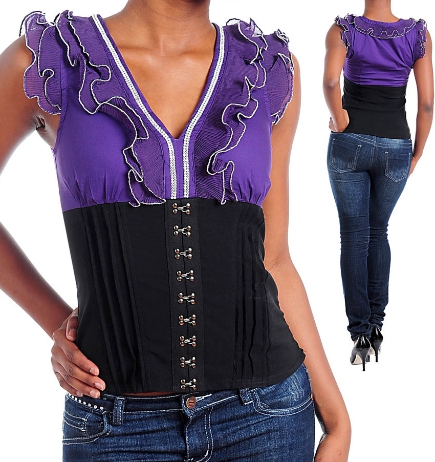 Purple/Black Corset/Hook/Eye Rhinestone Ruffled Cap Top