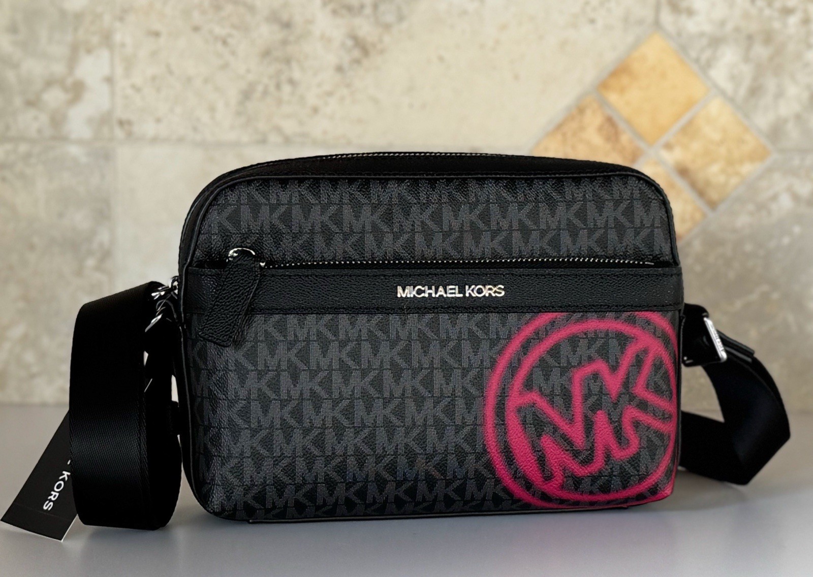 Michael Kors Cooper Utility Crossbody Flight Bag MK Black/Dark Raspberry