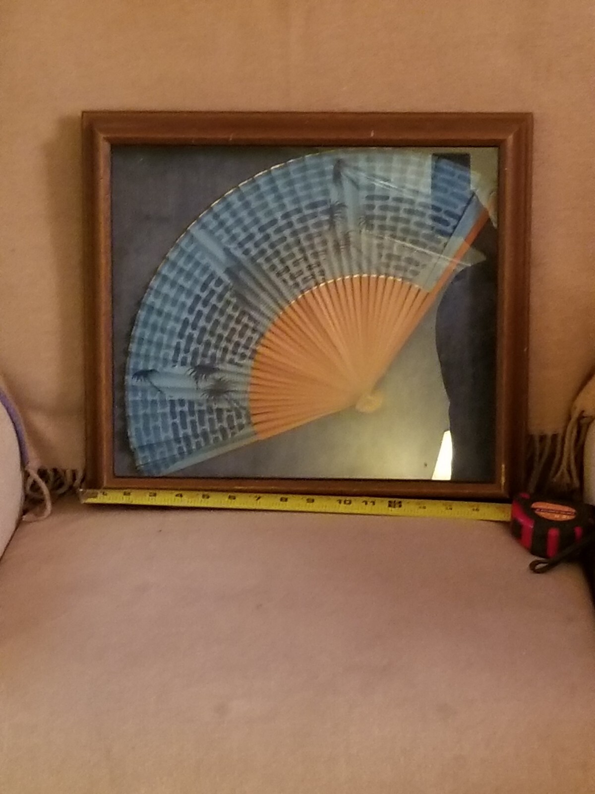 LARGE 15X16 HAND PAINTED FAN SHADOW BOX FRAMED VELET BLUE BACKGROUND