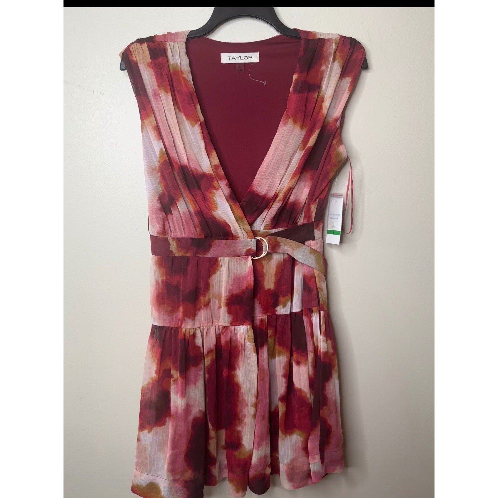 Taylor Burgundy Pink Watercolor Floral Chiffon V-Neck Belted Dress