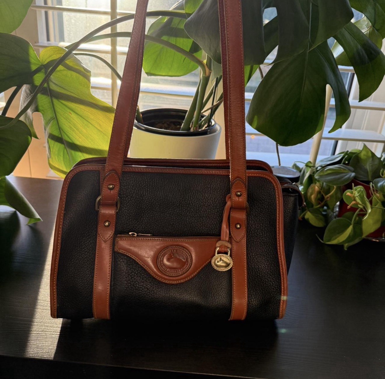 Dooney & Bourke Black/Brown Pebbled Shoulder Bag, Zip, Gold, Charm, Pockets