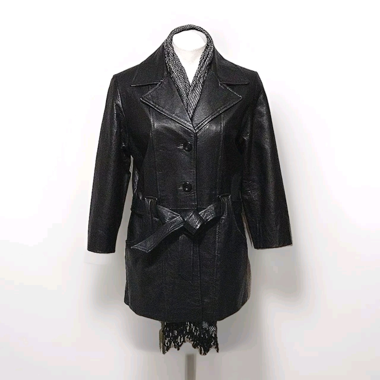 Phase 2 Vtg Gothic Black Leather Belted Button Down Jacket Coat MP Thigh Length