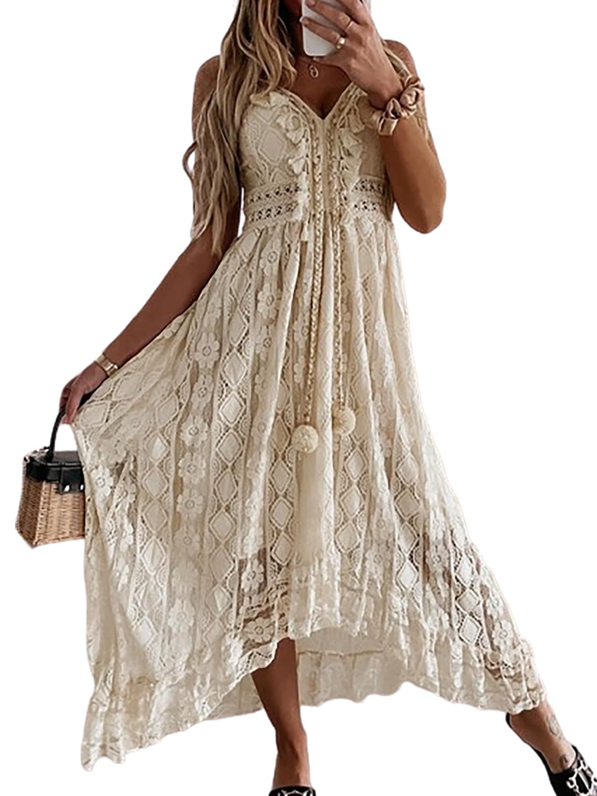 Womens Lace Maxi Dress V Neck Spaghetti Strap Boho Beach Sundress Resort Wear
