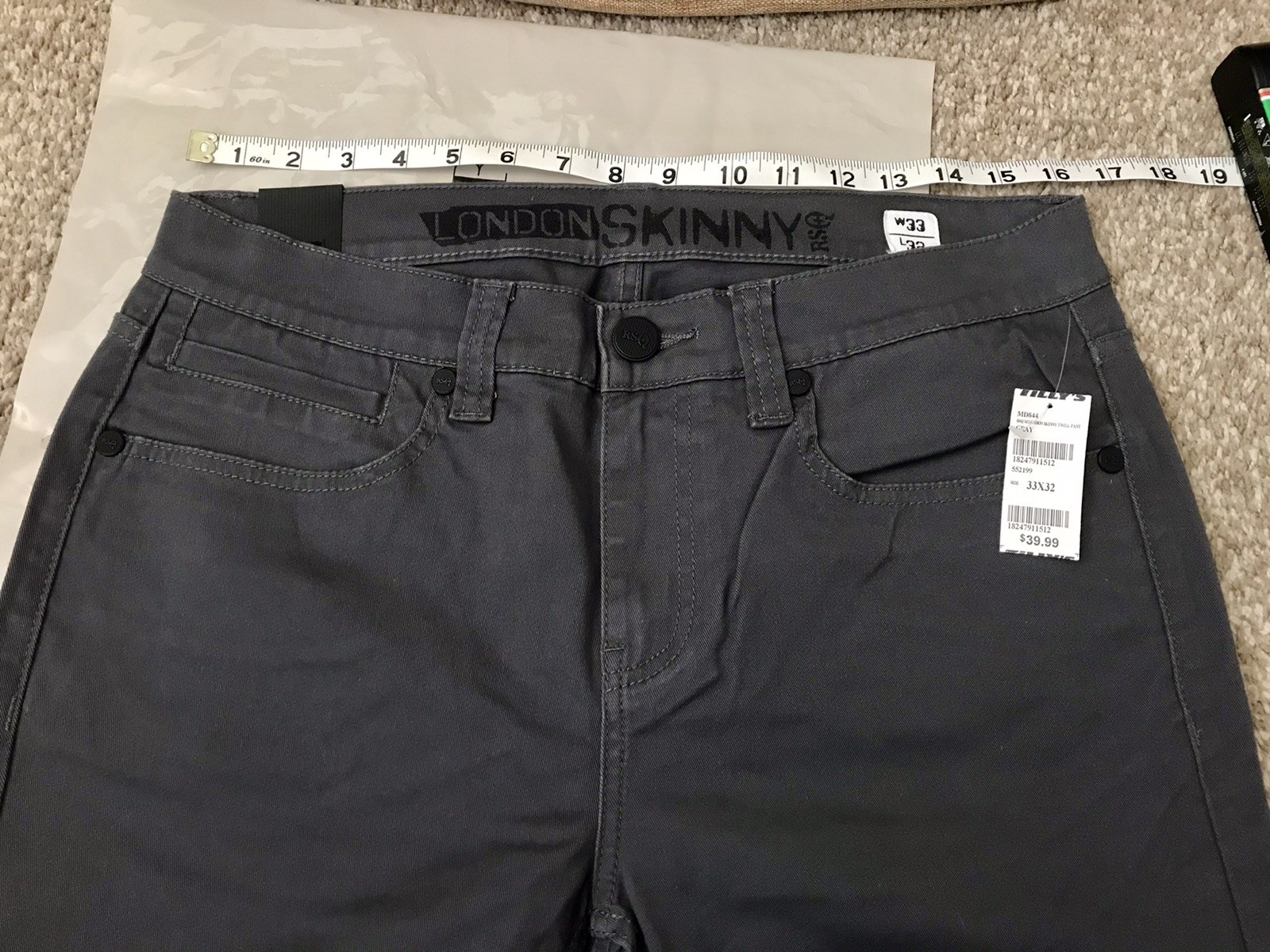 RSQ Gray London Soft Skinny Stretch Jeans Men W33xL32
