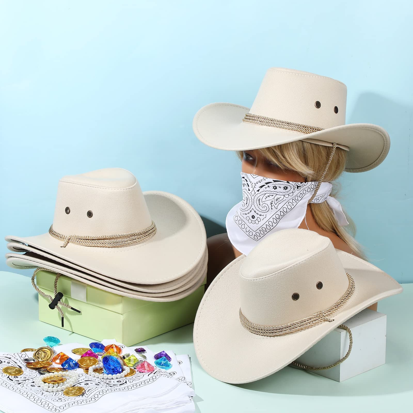 12 Pieces Cowboy Hats and Bandanas Bulk Cowboy Cowgirl Hats Costume Party for