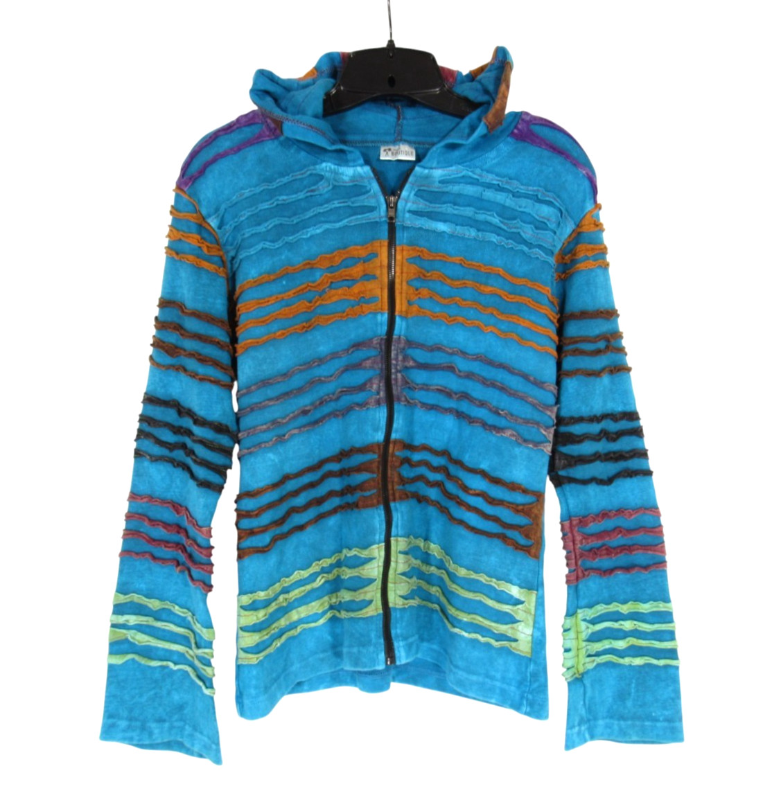 INDIA BOUTIQUE Teal/Multi TWILL Full-Zip RAZOR CUTS STRIPED Hoodie Jacket Sz XL