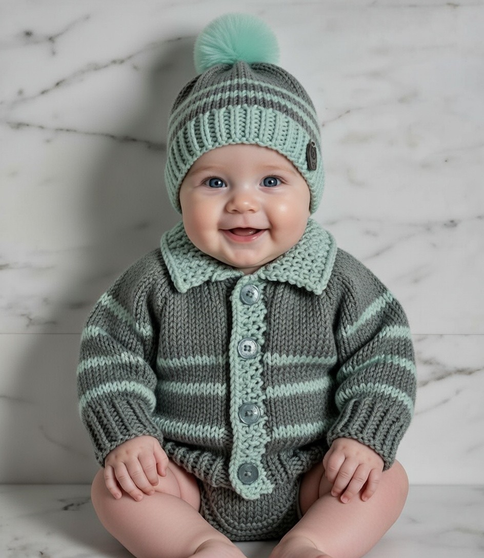 Hand Knitted Baby Cardigan & Matching Hat in Grey/Green & Aqua Age 9-12 Months