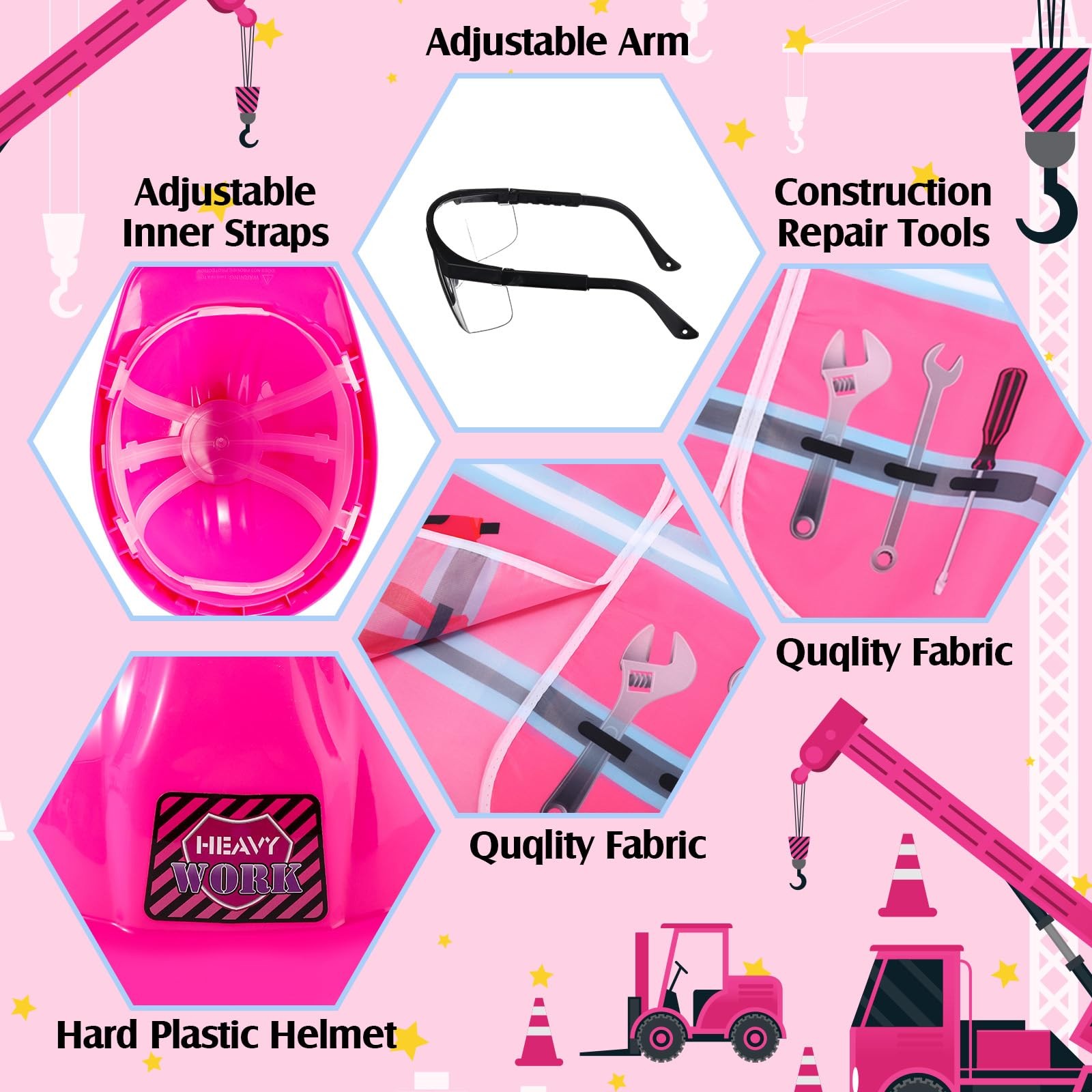 Kids Construction Worker Costume Set Hard Hat Vest Goggles Dress Up Outfit