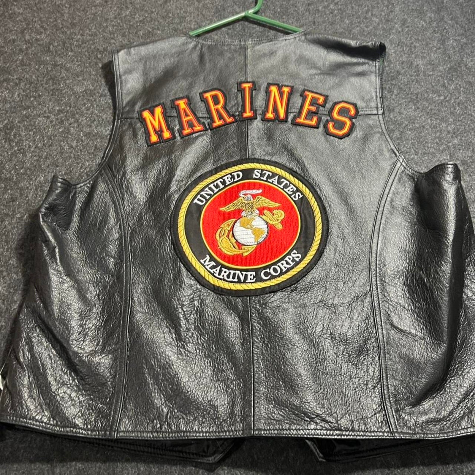 Unique Black USA leather USMC vest with orange accents
