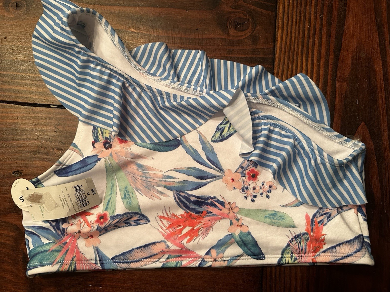 Outdoor Oasis One-Shoulder Ruffle Floral Bikini Swim Top Blue/White XL
