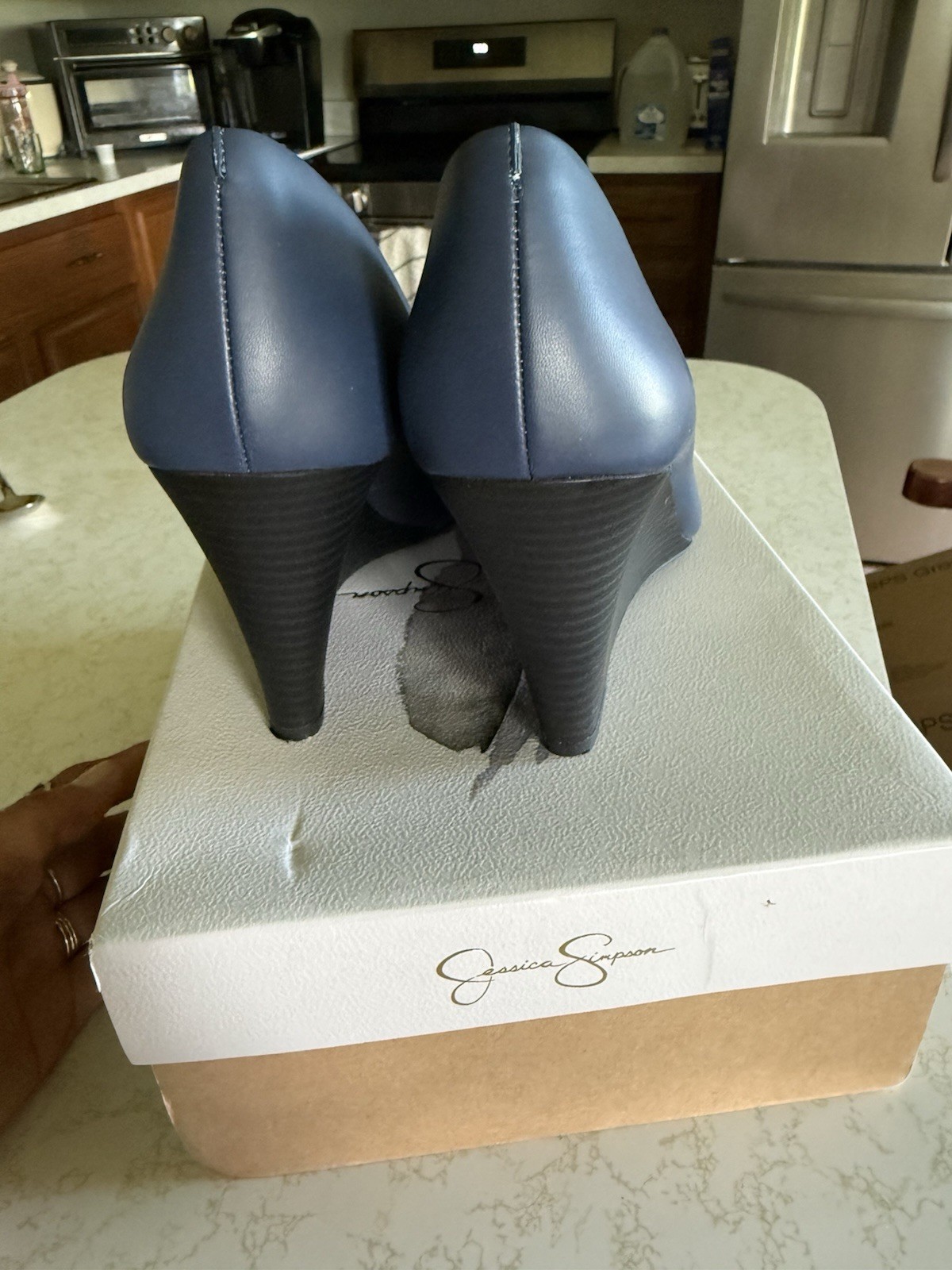 Jessica Simpson Women’s Blue Leather Wedge Pump Heels Round Toe Slip On 9M