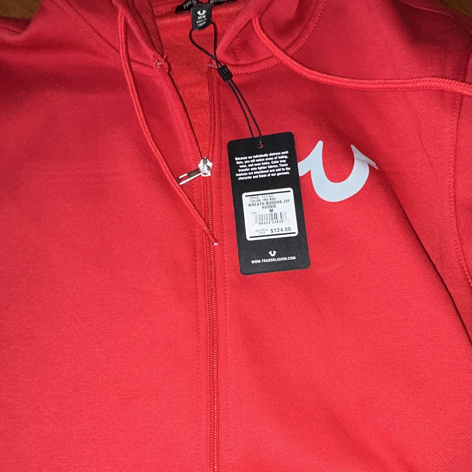 True Religion Men’s M Red Full Zip Hooded Fleece Hoodie Buddha Wreath Logo