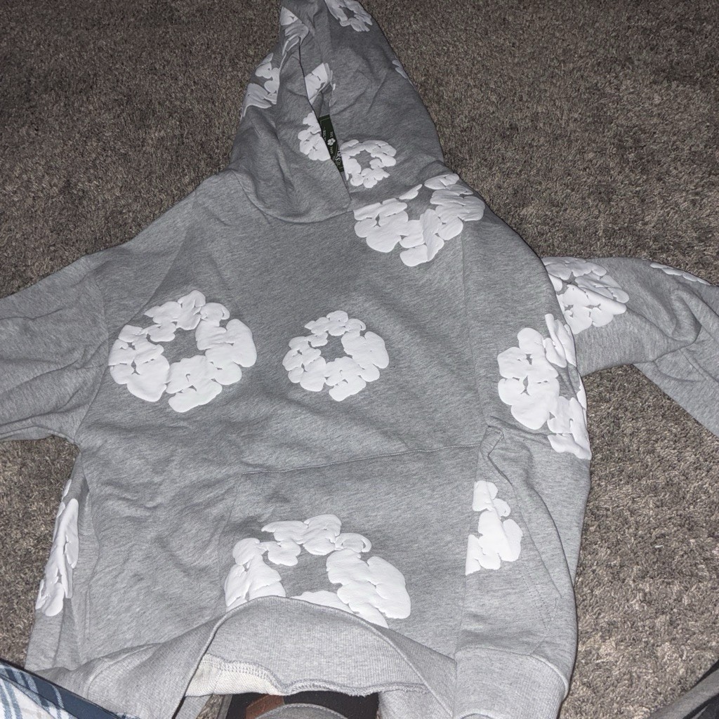 DENIM TEARS Men’s Gray Pullover Hoodie White Graphic Print Long Sleeve Size M