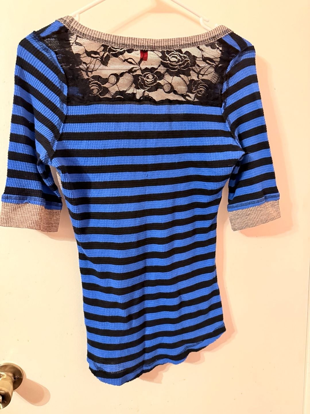 Bongo Blue and Black Striped Waffle Knit Top with Lace Trim and Buttons