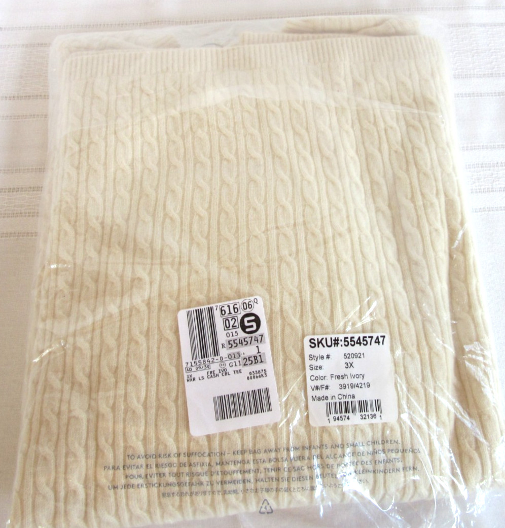 Lands’ End 100% Cashmere Long Sleeve Cable Ivory Pullover Style #520921 3X NEW!
