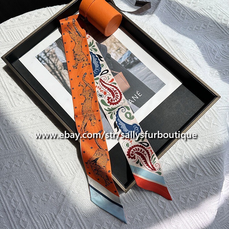 Sallys Twill Silk Scarf Ribbon Paisley Print Slim Headband Bag Neck Tie 85*5cm