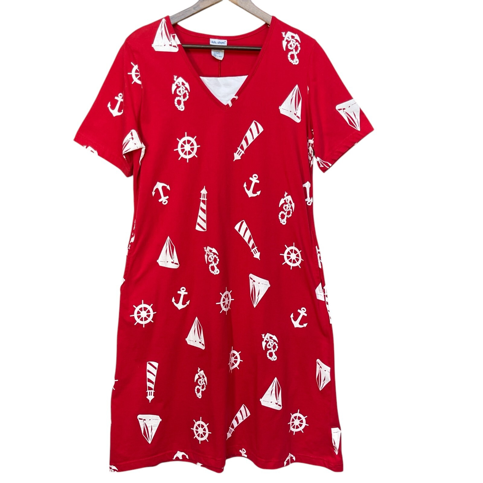 Vicki Wayne Women T-Shirt Dress Size M Red Pocket Cotton Anchor Nautical Retro