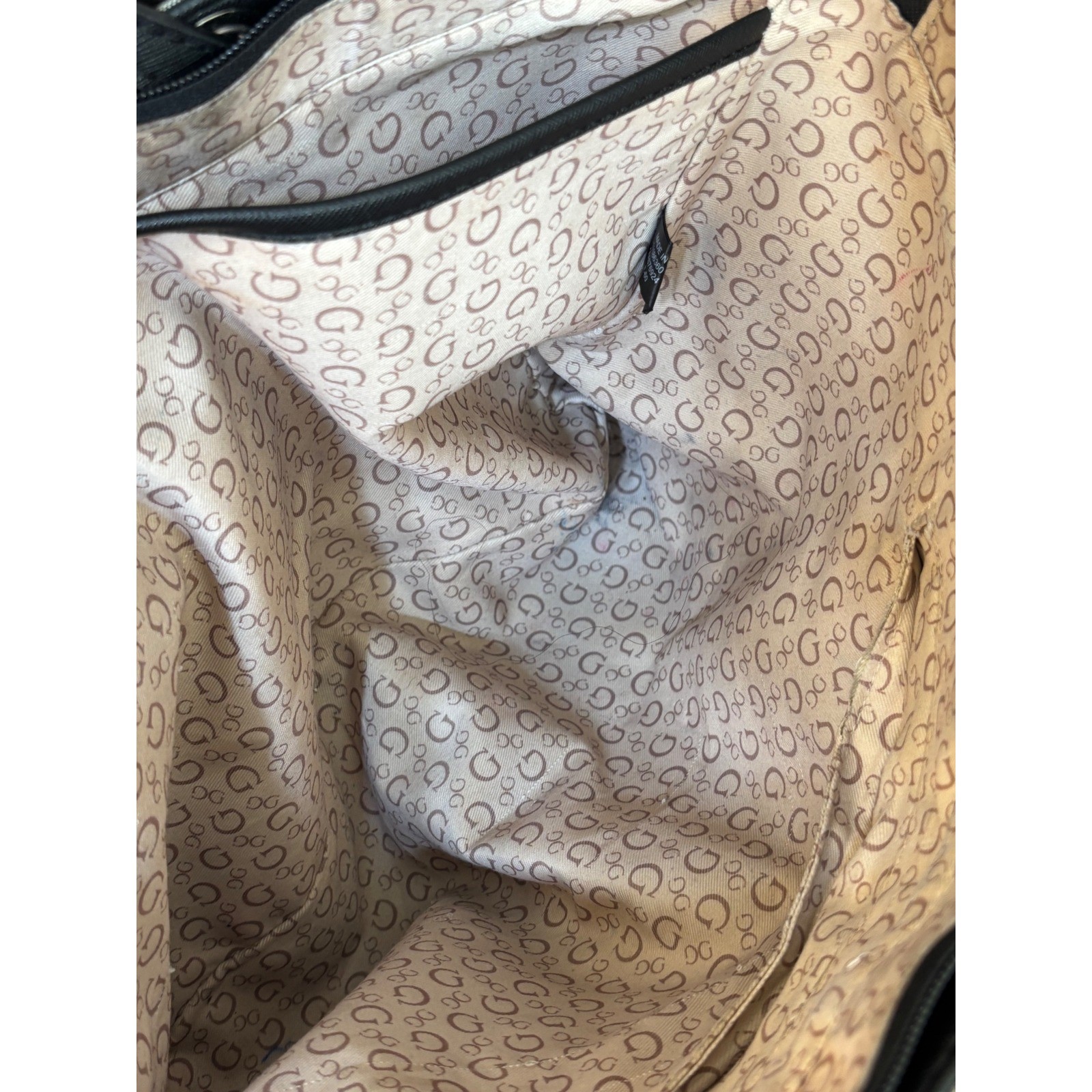 Guess Monogram Logo Canvas Tote Bag Black Tan Zip Top Shoulder Bag