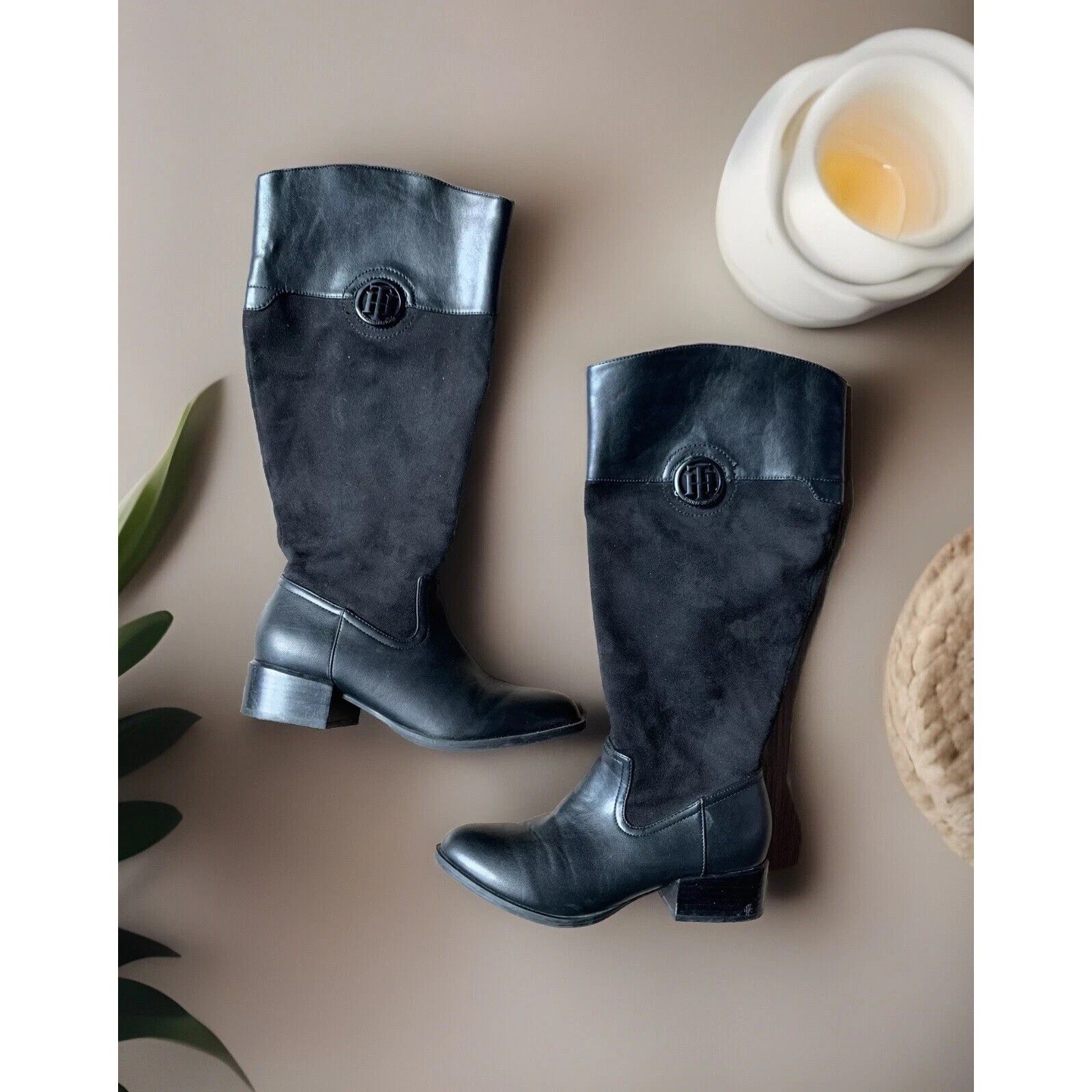 Tommy Hilfiger Riding Boots Womens 7.5M Black Leather Suede Knee High Logo Block