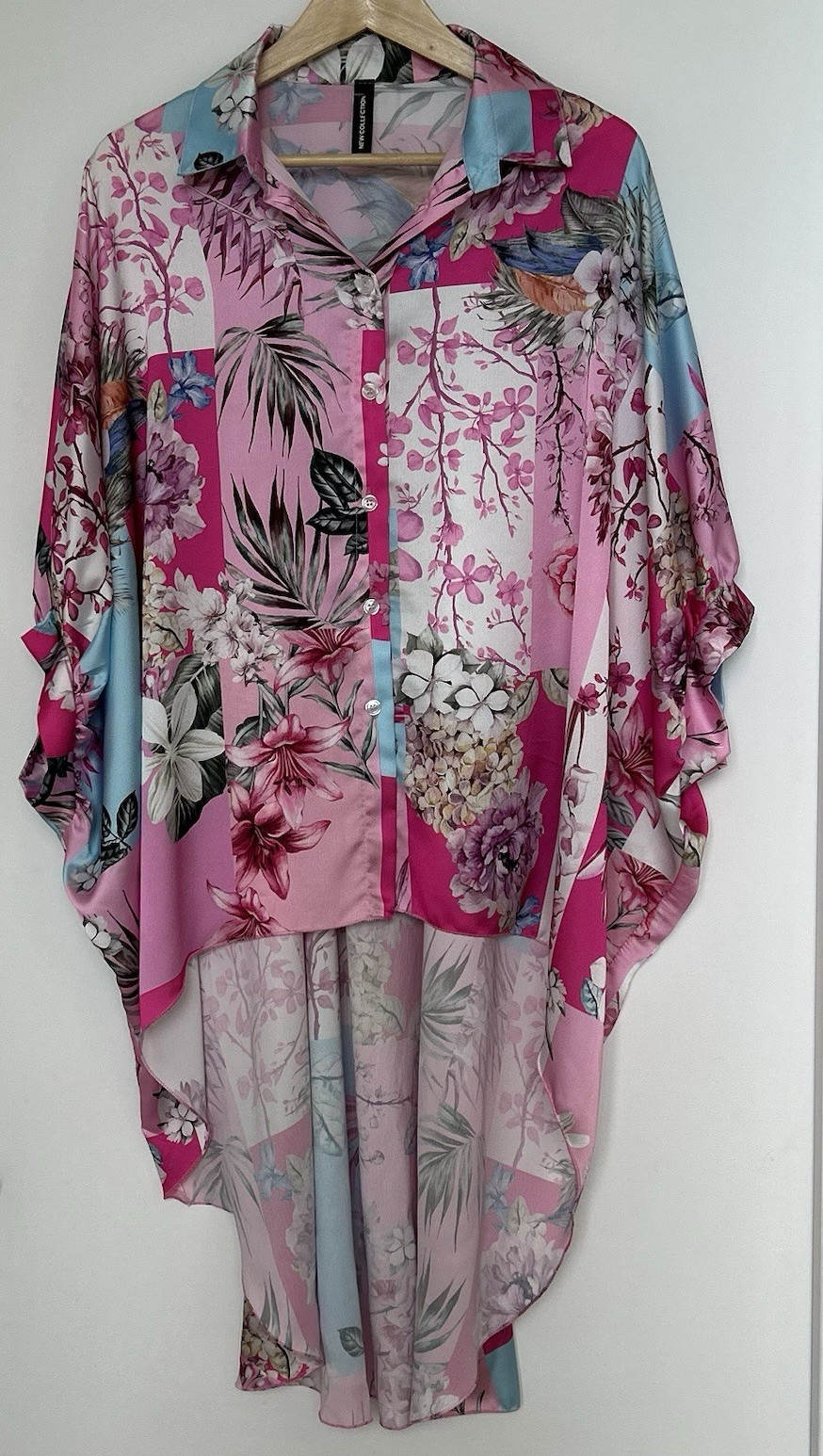 Made in Italy Floral Satin Button Front High-Low Blouse Shirt OS NWOT