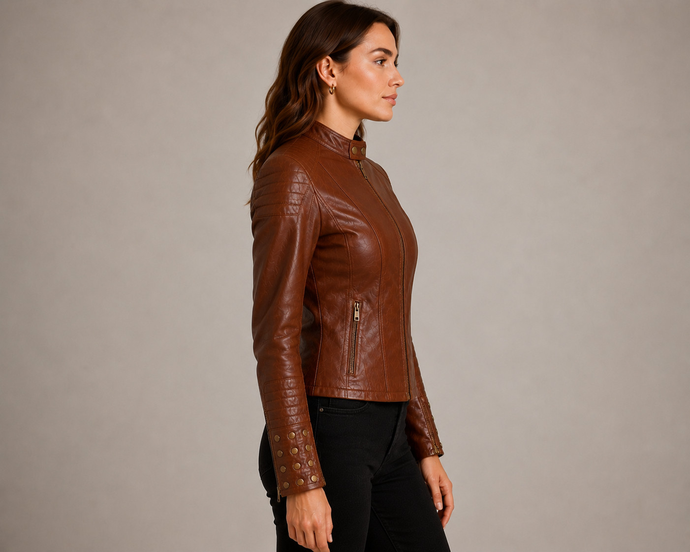 Womens Brown Leather Biker Jacket – Moto Cafe Racer – Slim Fit – Motorcycle Coat