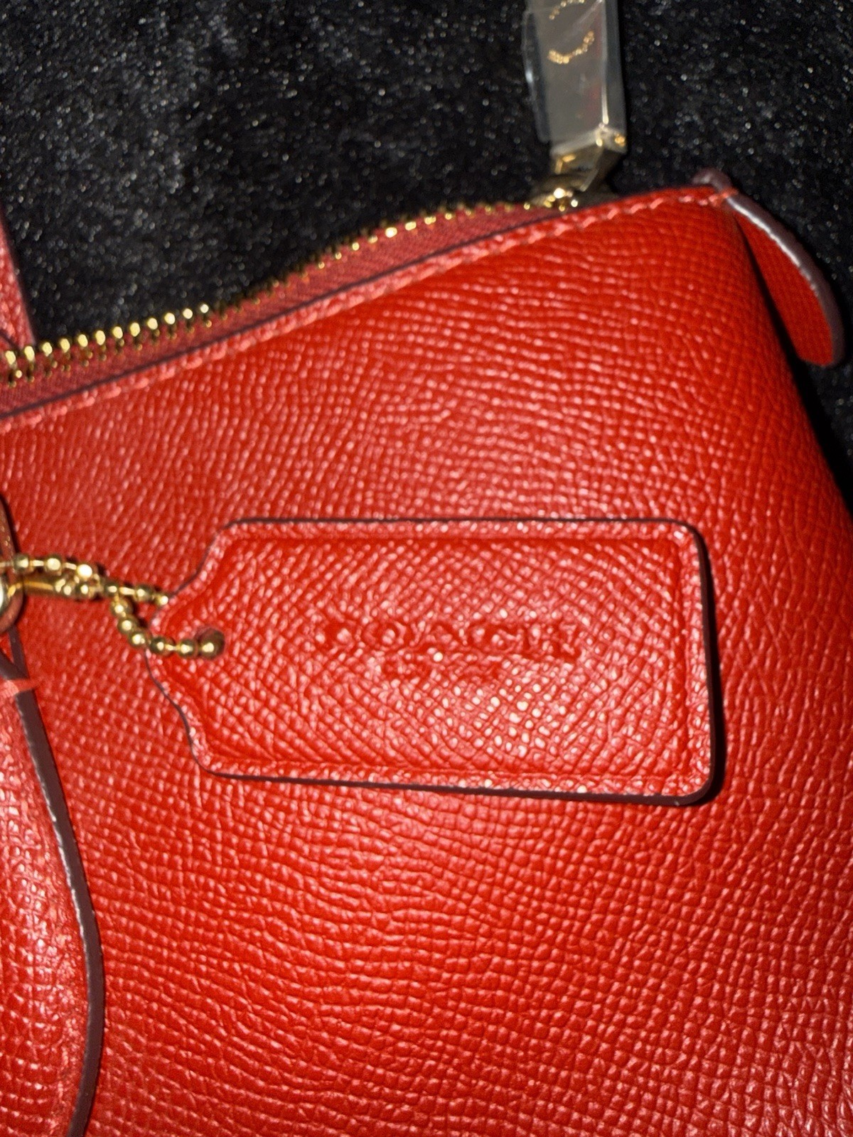 Coach Red Pebbled Zip-Top Satchel Double Handles Gold Hardware Pockets Hang Tag