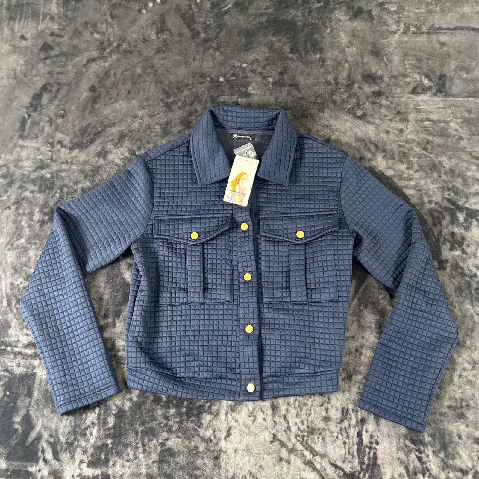 PrettyGarden Quilted Jacket Women Small Blue Button Up Cropped Waffle Knit 6005