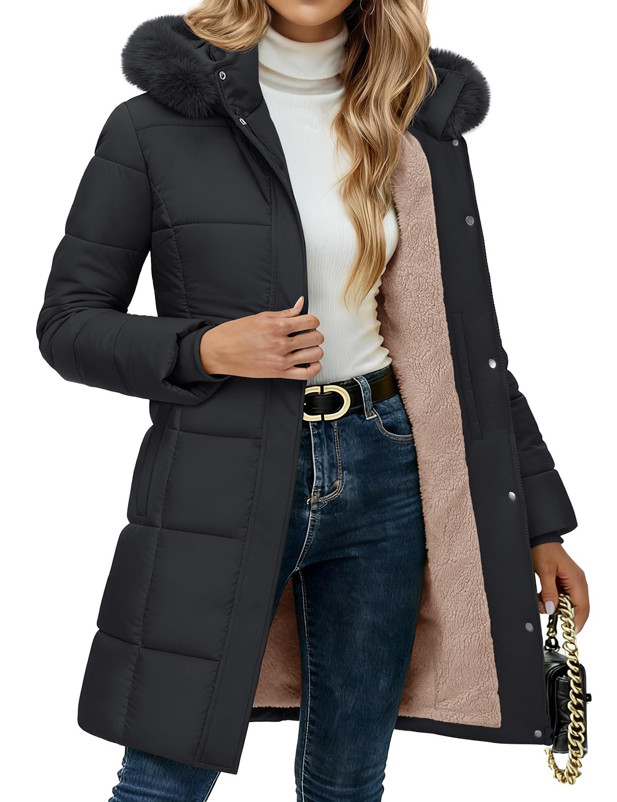 Women’s Puffer Jacket Fleece Lined Sherpa Long Winter Coat Hood Warm Parka Coats