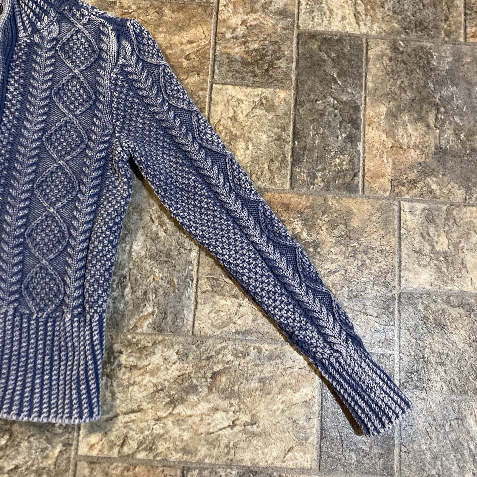 LL Bean Signature Blue Cable Knit Cotton Fisherman Cardigan Sweater Size Small