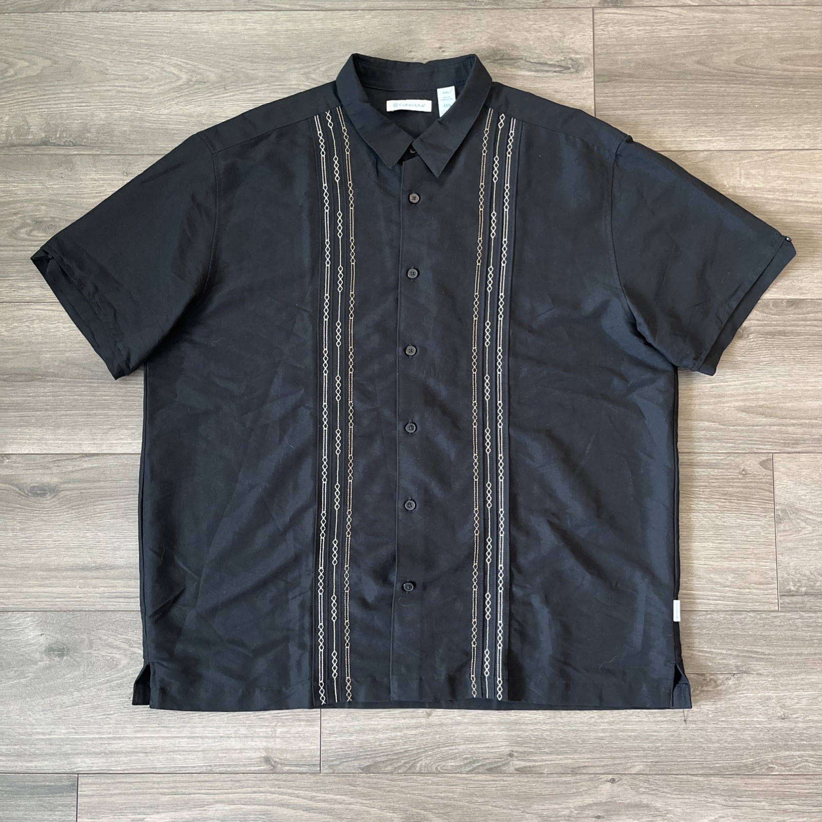 Cubavera Mens 2XL Button Up Short Sleeve Shirt Black Embroidered