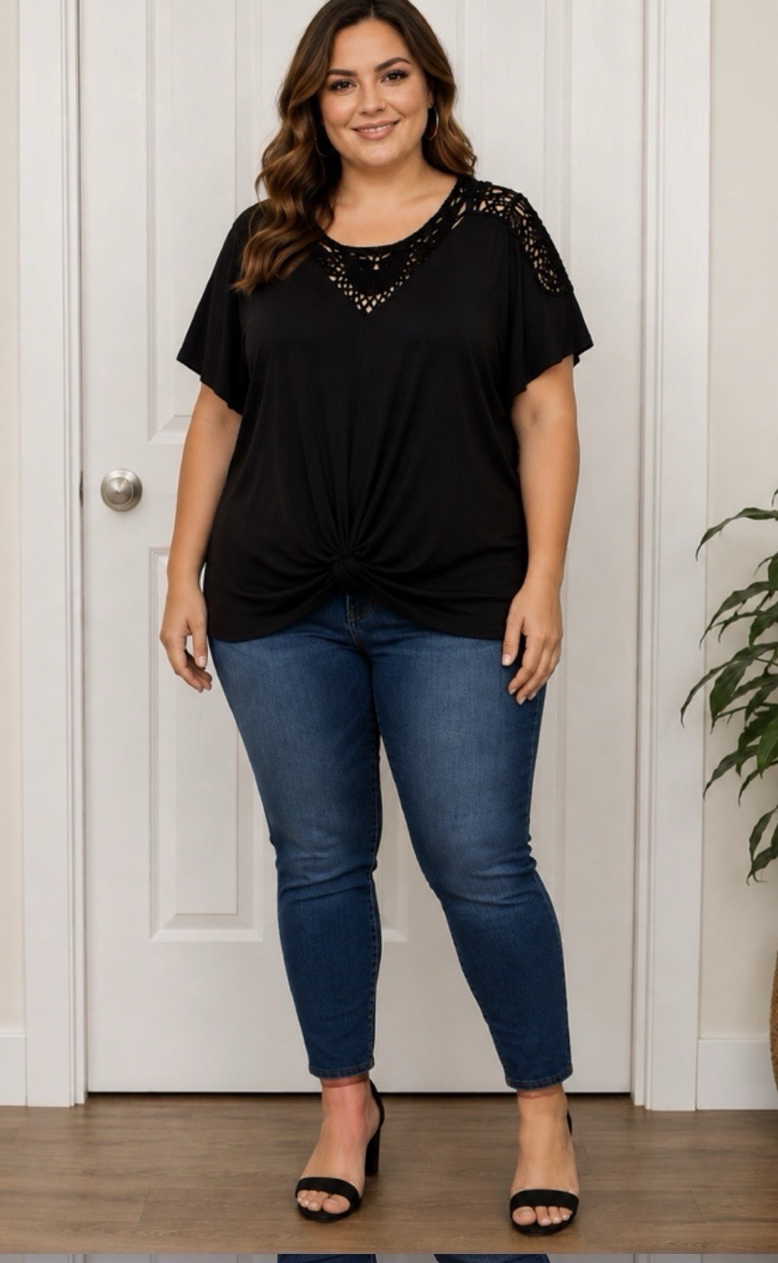Torrid Black Solid Scoop Neck Crochet Yoke Short Sleeve Top – 5XL