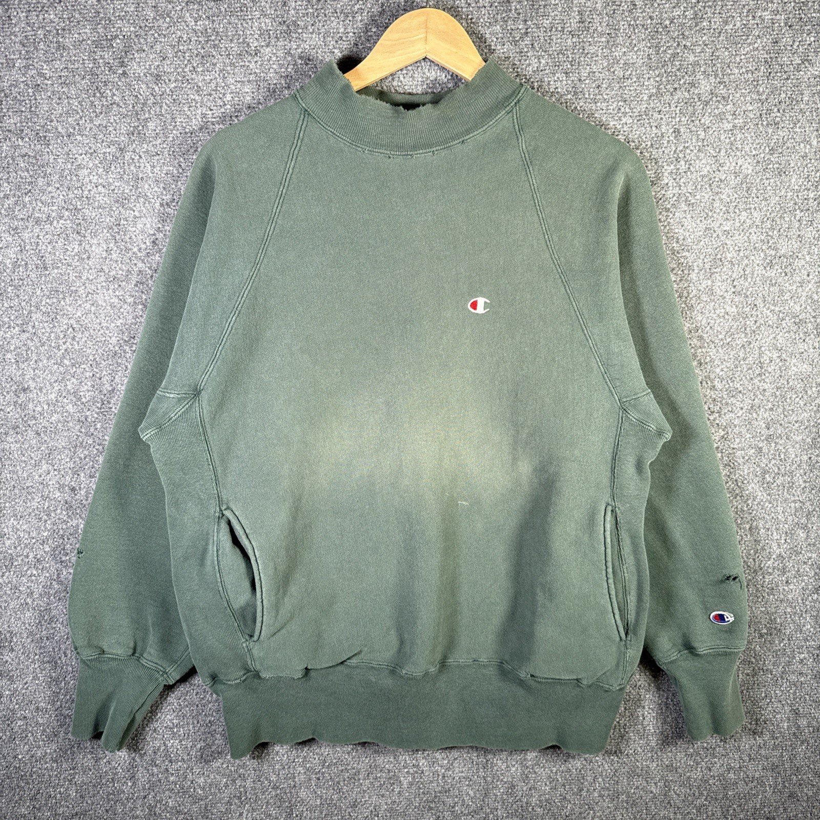 Vintage Champion Reverse Weave Sweatshirt Large Green 90s Side Pockets Gusset