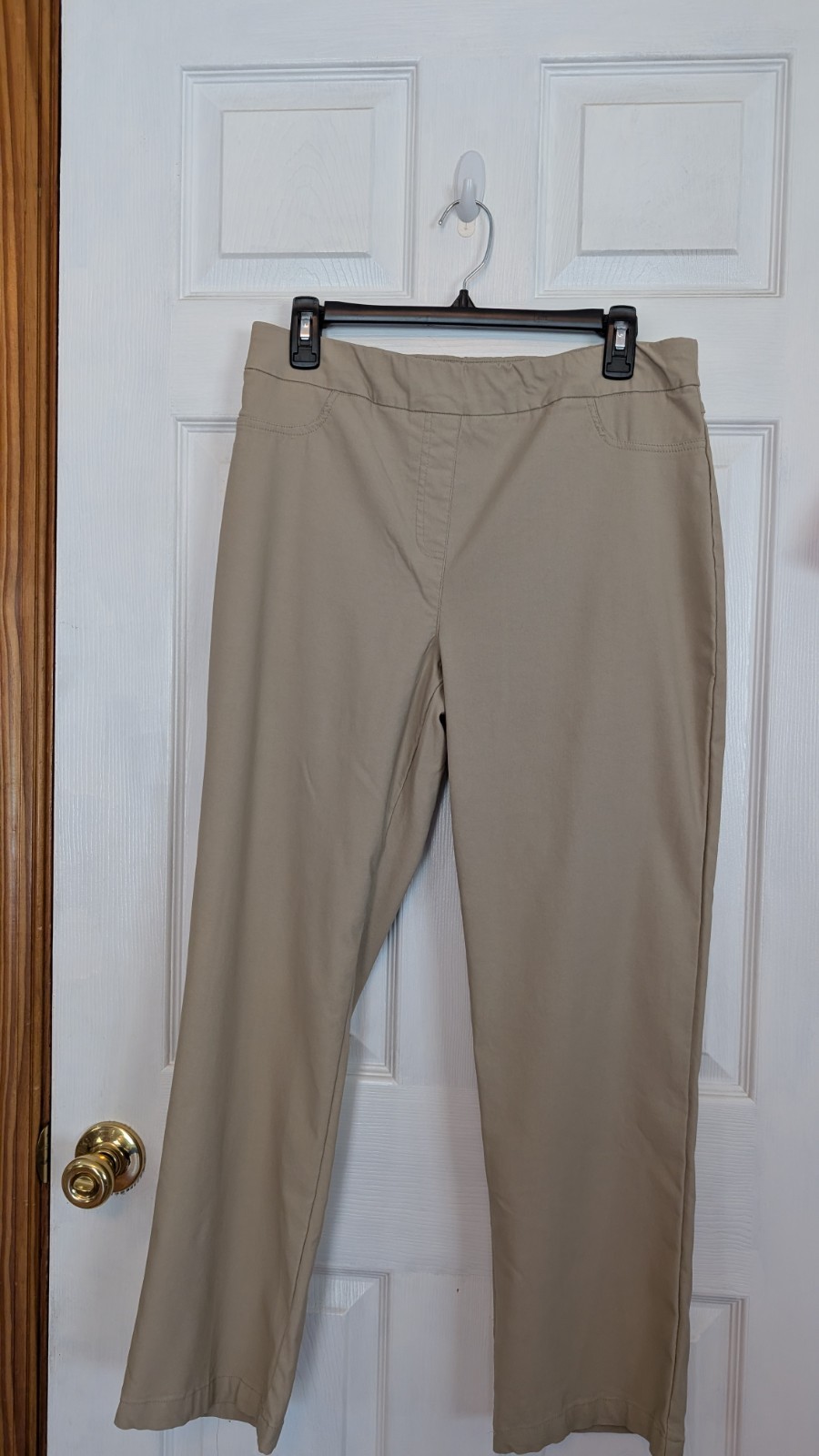 Drapers & Damon’s Set Pants Tan Rayon Nylon Span Coral Tee Crochet Accent PL Euc