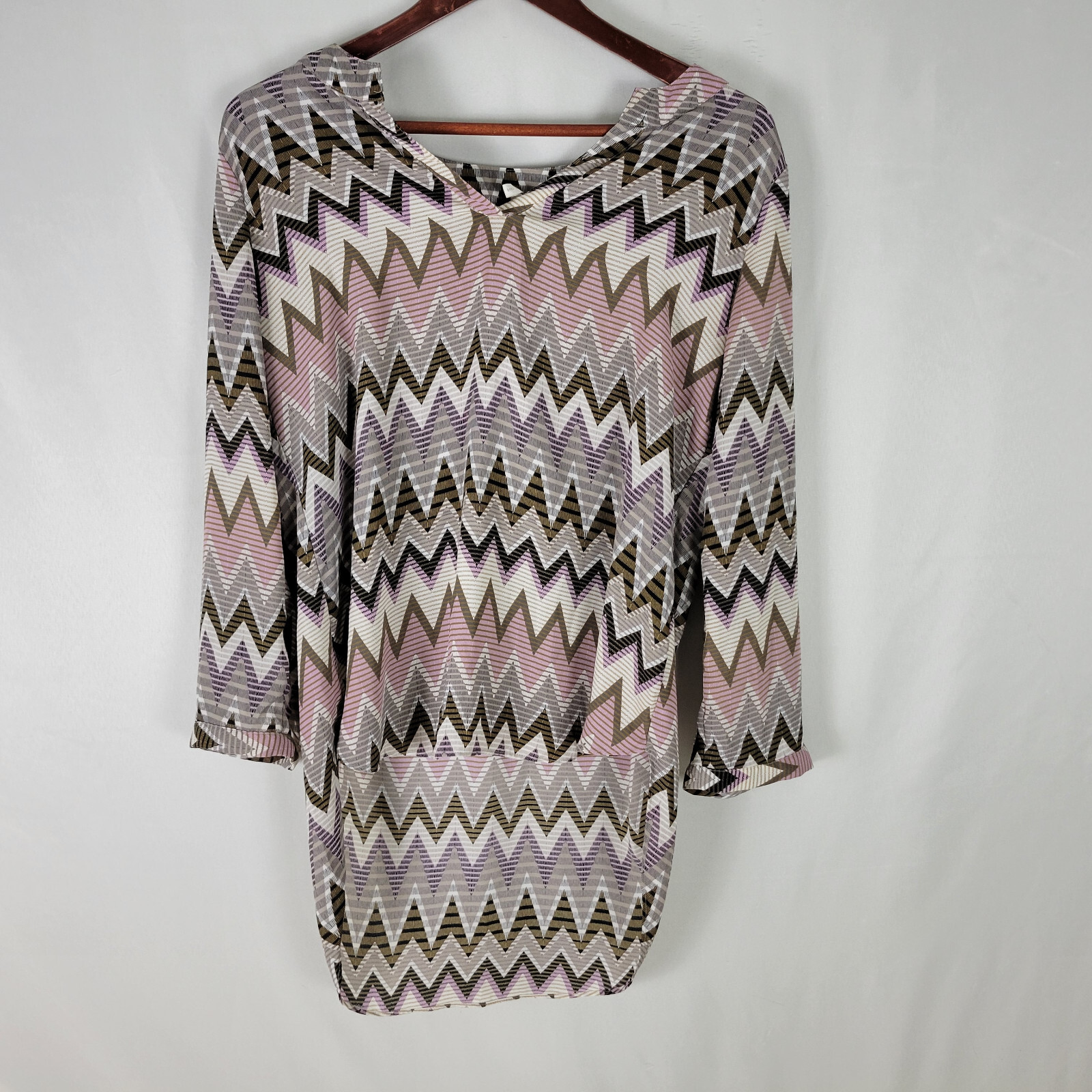 Cato Womens Blouse Small Top Multicolor Long Roll Tab Sleeve Split V Neck Shirt