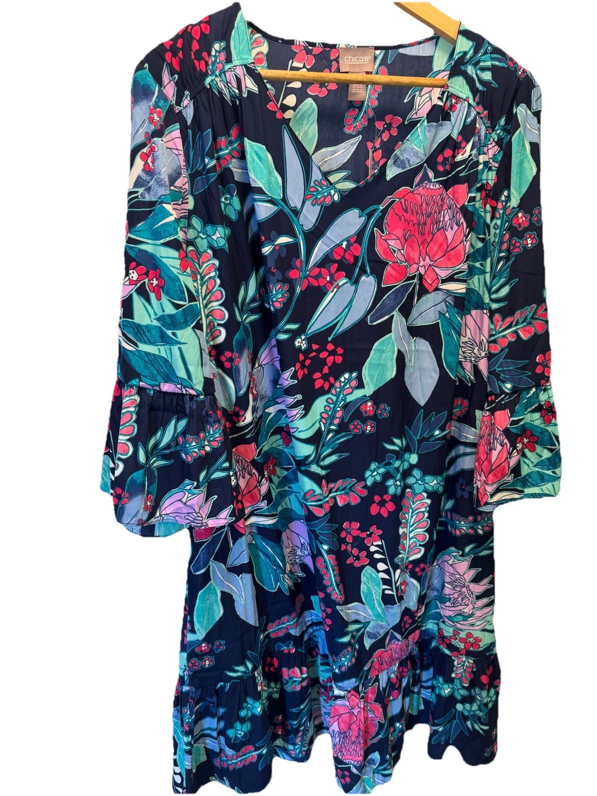 Chicos Floral Brilliant blooms Flutter Sleeve Dress Womens 3.5 18 Spring Wedding