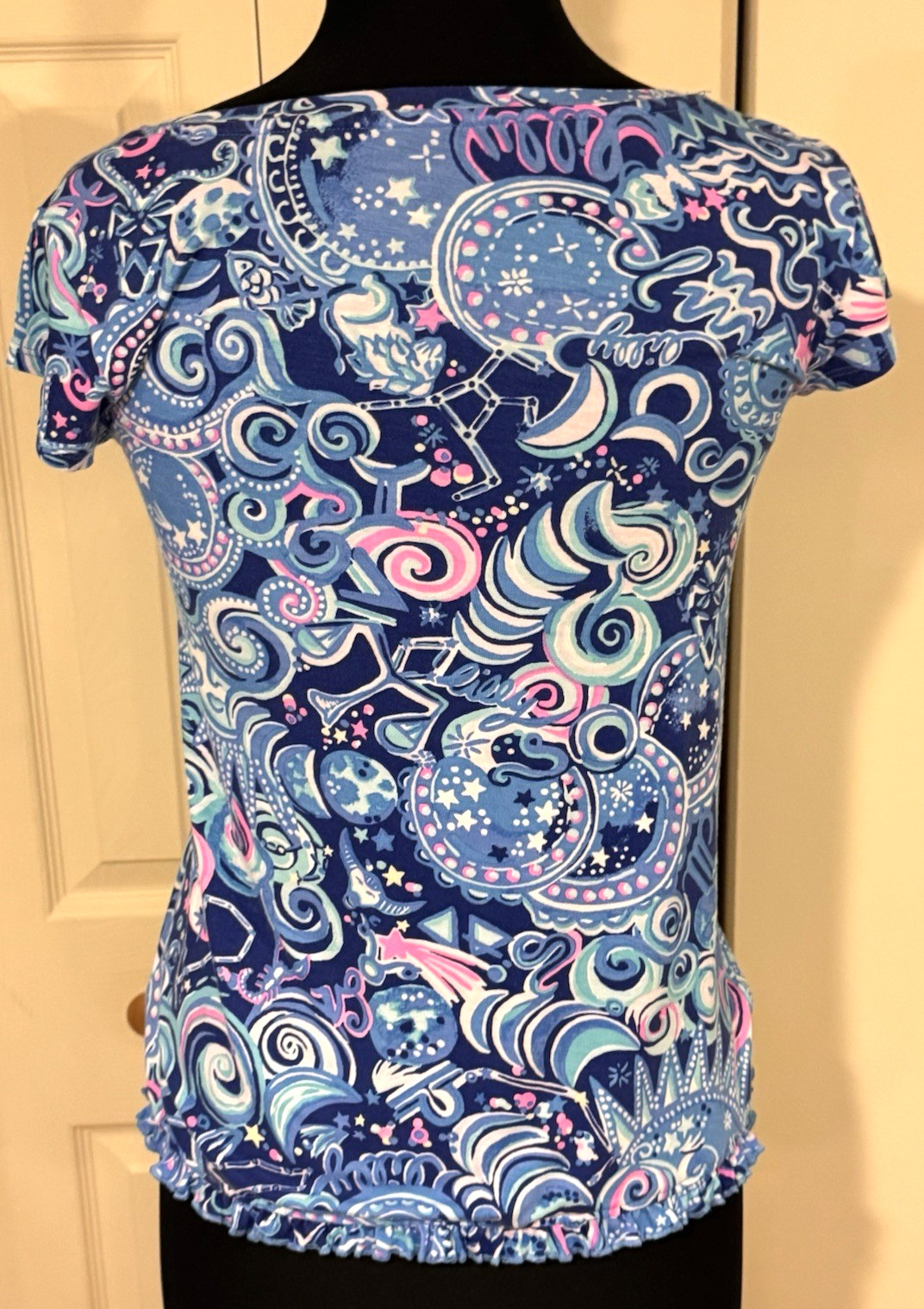 Lilly Pulitzer PJ Knit Ruffle Henley Top Blue/Pink Cosmic Kismet Size XS